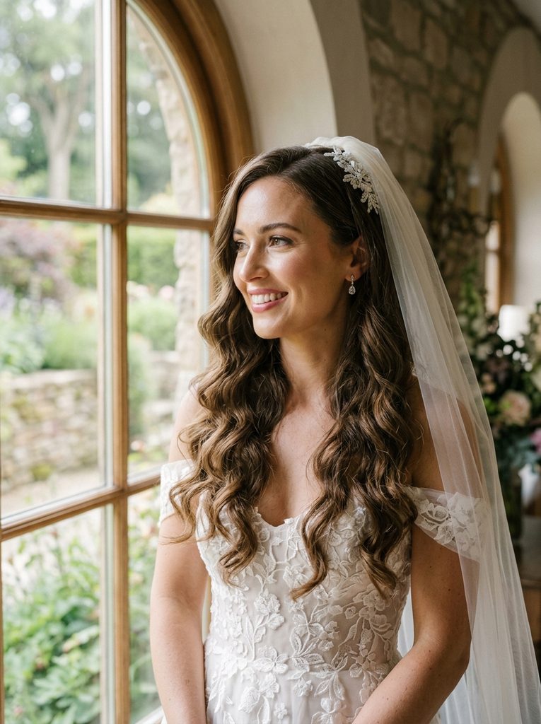 Bride wearing soft curled hair down with a veil attached at the crown
