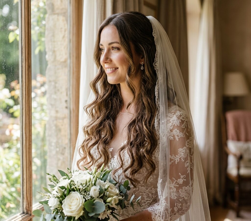 Bride wearing soft curled hair down with a veil attached at the crown