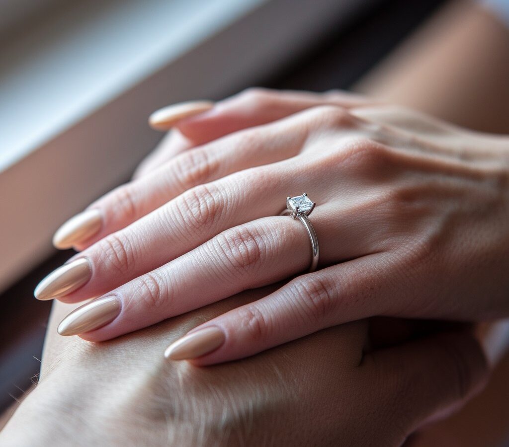 Close-up of bridal hand with almond-shaped nails resting over partner's hand showing engagement ring