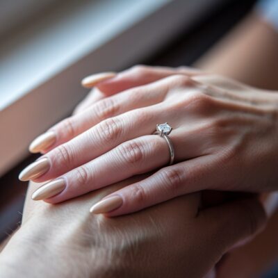 Close-up of bridal hand with almond-shaped nails resting over partner's hand showing engagement ring