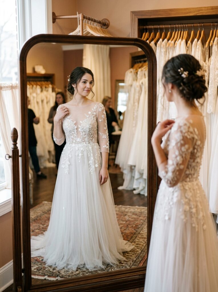 Bride viewing her reflection in a wedding gown with an illusion lace neckline