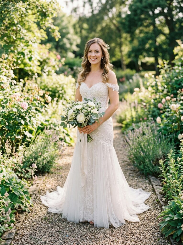 Bride wearing an A-line wedding gown with a sweetheart neckline in a garden setting