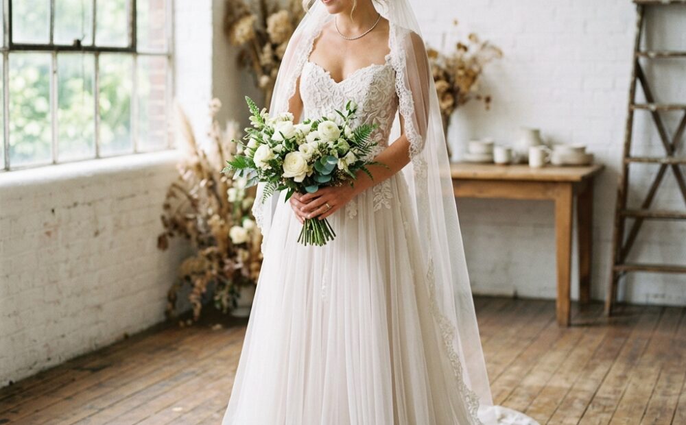 Bride wearing an elegant wedding gown with a sweetheart neckline