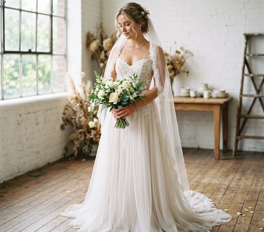 Bride wearing an elegant wedding gown with a sweetheart neckline