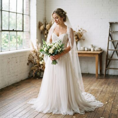 Bride wearing an elegant wedding gown with a sweetheart neckline