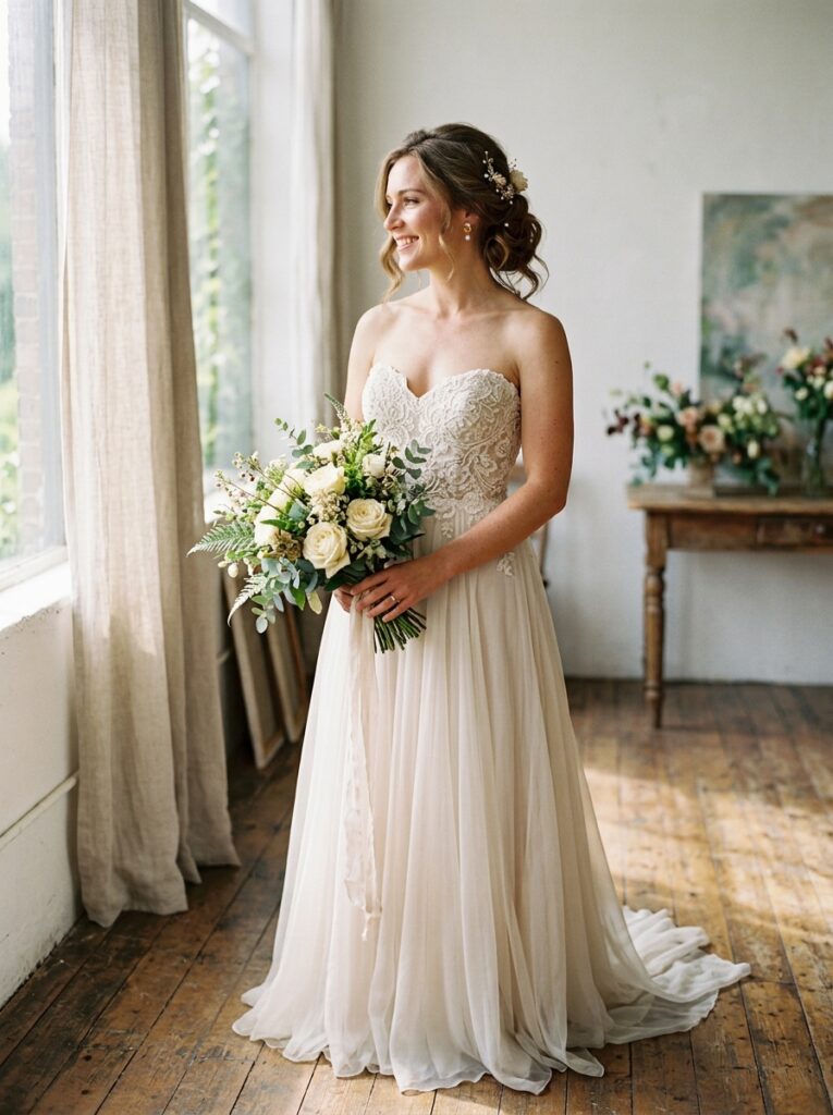 Bride wearing an elegant wedding gown with a sweetheart neckline