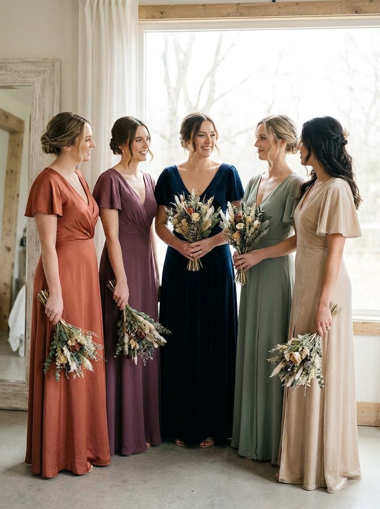 Five coordinated bridesmaid dresses in complementary warm and cool tones on hangers