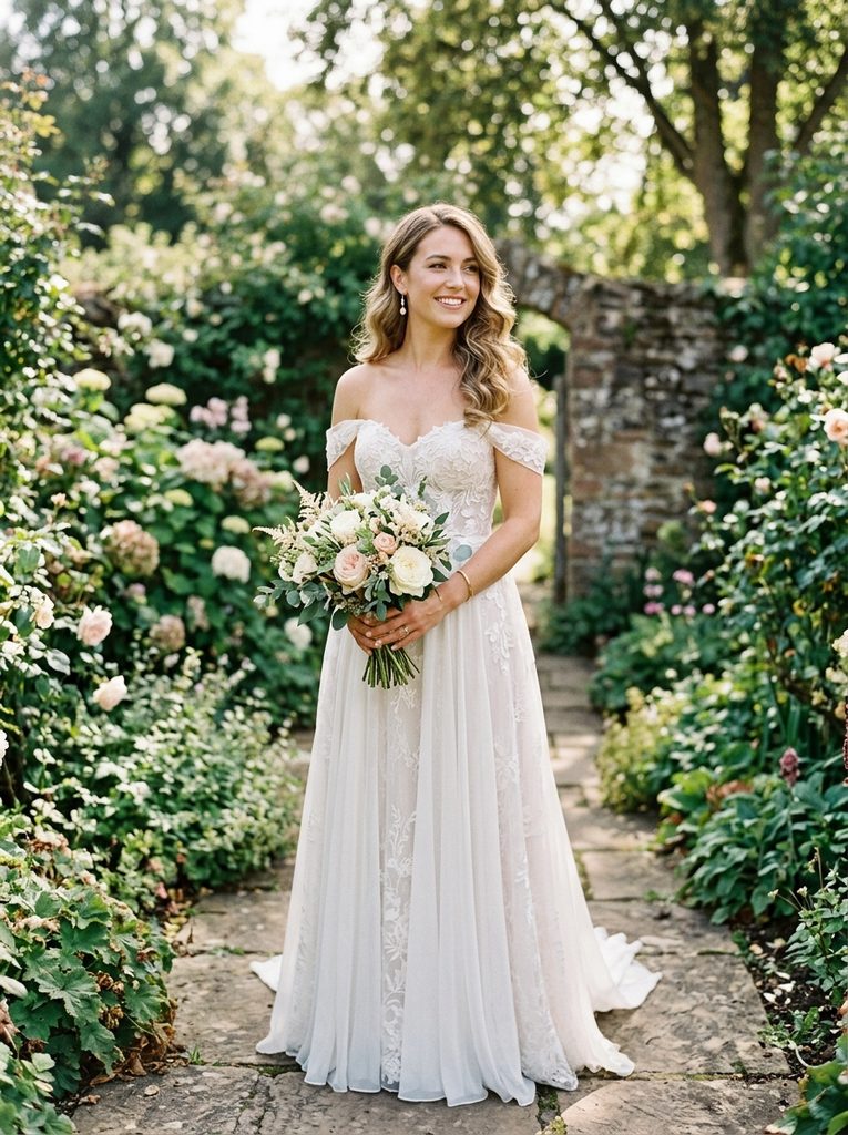 Bride wearing loose waves styled to complement an off-the-shoulder wedding gown