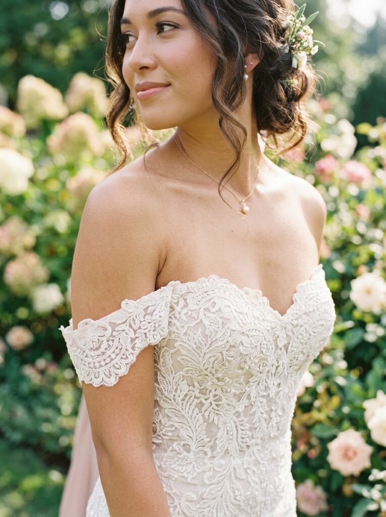 Close-up of a bride wearing an off-the-shoulder lace wedding gown neckline
