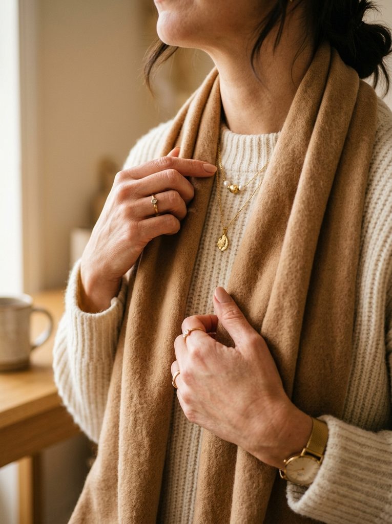 Close-up of accessory styling details used to vary a repeated capsule wardrobe outfit