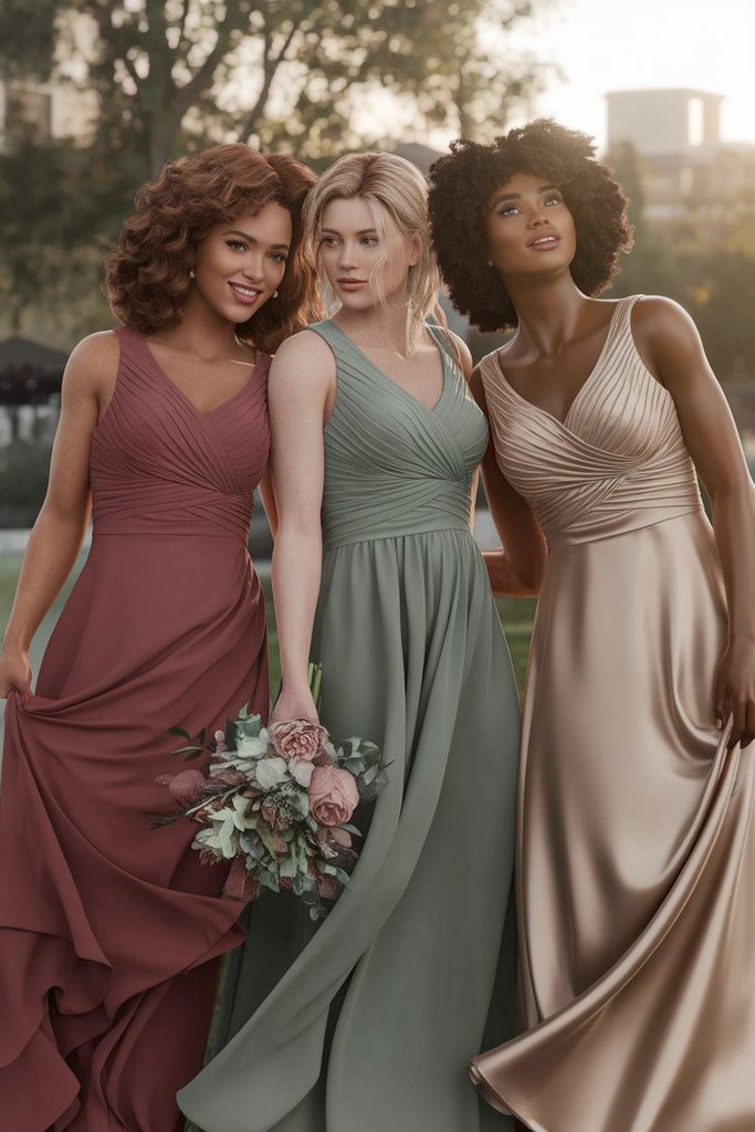 Three bridesmaids with different skin tones wearing coordinated dress colors outdoors
