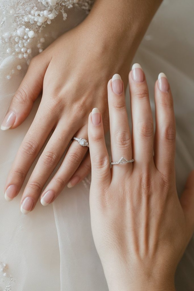 Close-up of bridal hand showing uneven nail length near an engagement ring