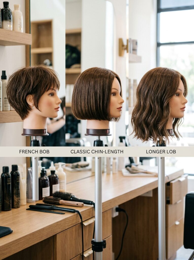 Comparison of French bob, classic bob, and lob lengths displayed side by side