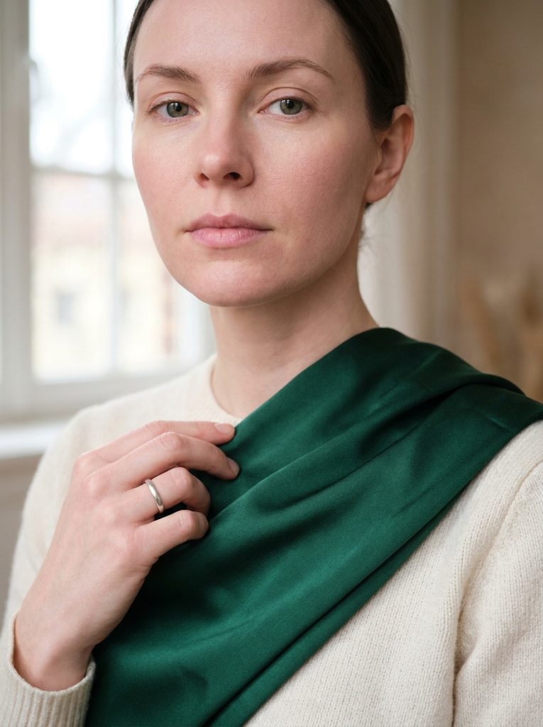 Woman with cool skin undertone holding an emerald fabric swatch near her face