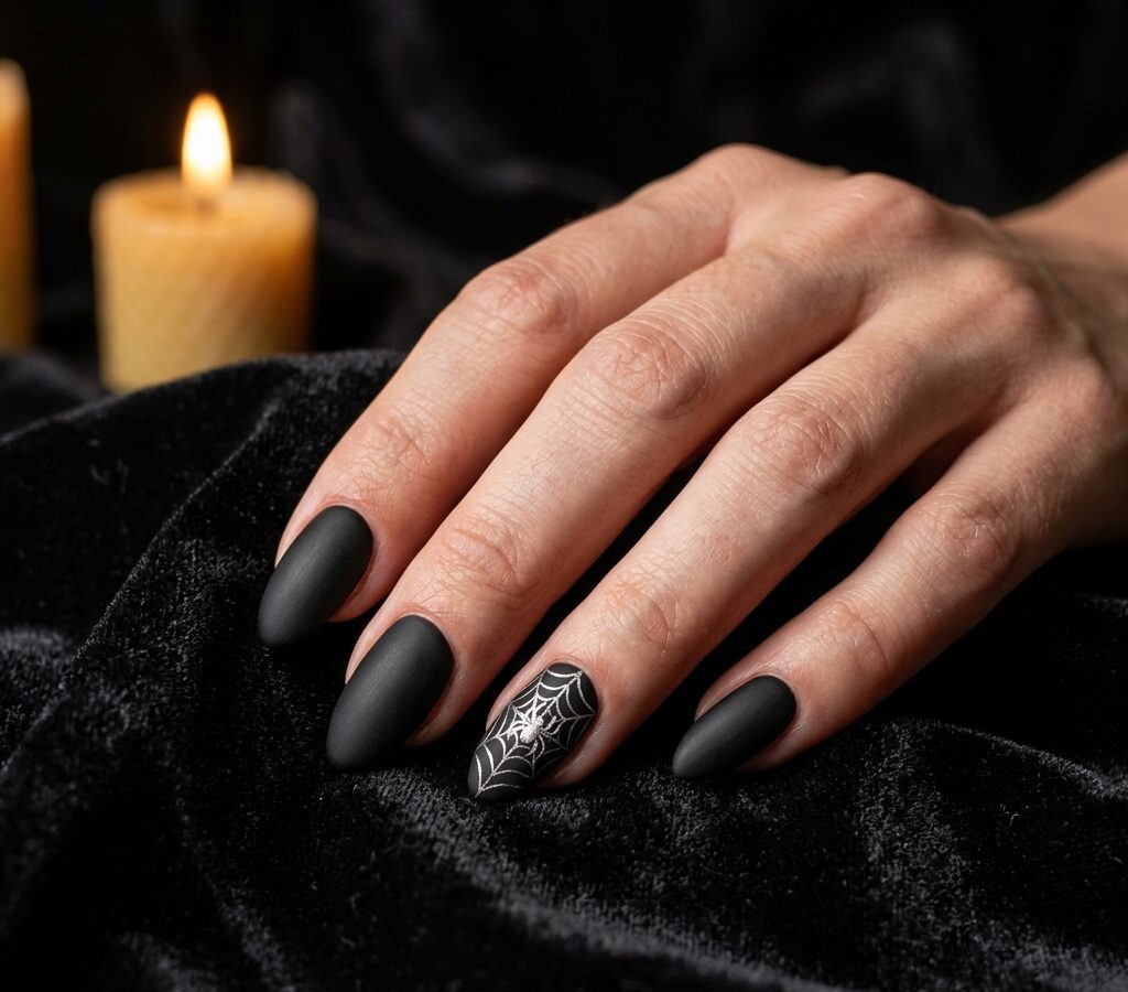 Elegant matte black Halloween nails with a silver spiderweb accent