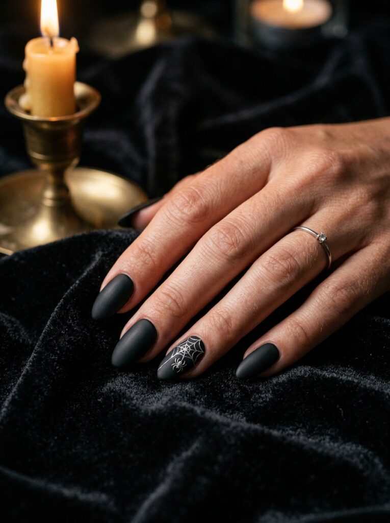 Elegant matte black Halloween nails with a silver spiderweb accent