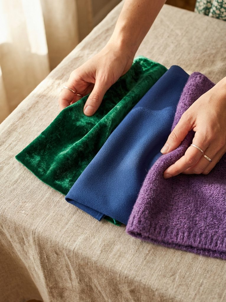 Velvet, wool crepe, and knit fabric swatches in deep fall jewel tones