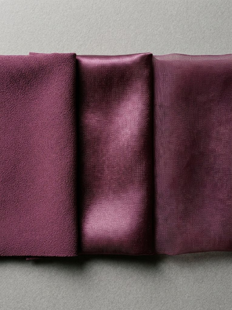 Comparison of matte, satin, and sheer fabric swatches in the same plum color