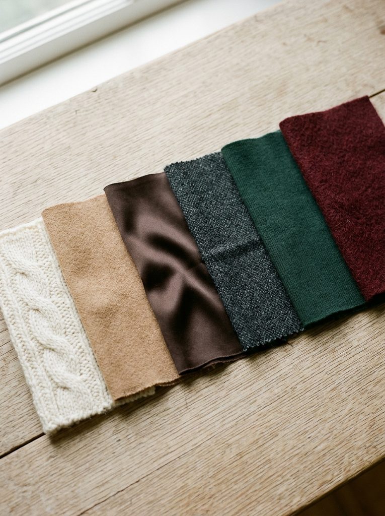 Fabric swatches showing a warm neutral and accent color palette for a fall wardrobe
