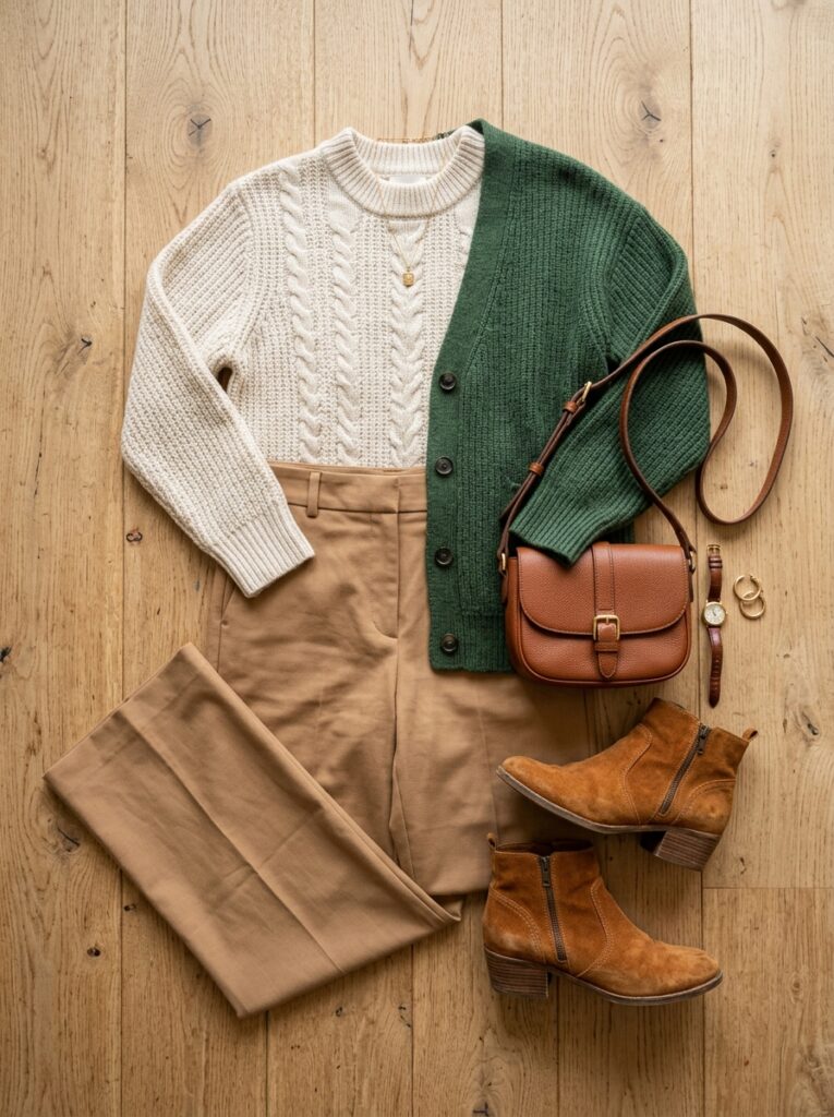 Flat lay of a transitional outfit in cream, camel, and forest green tones