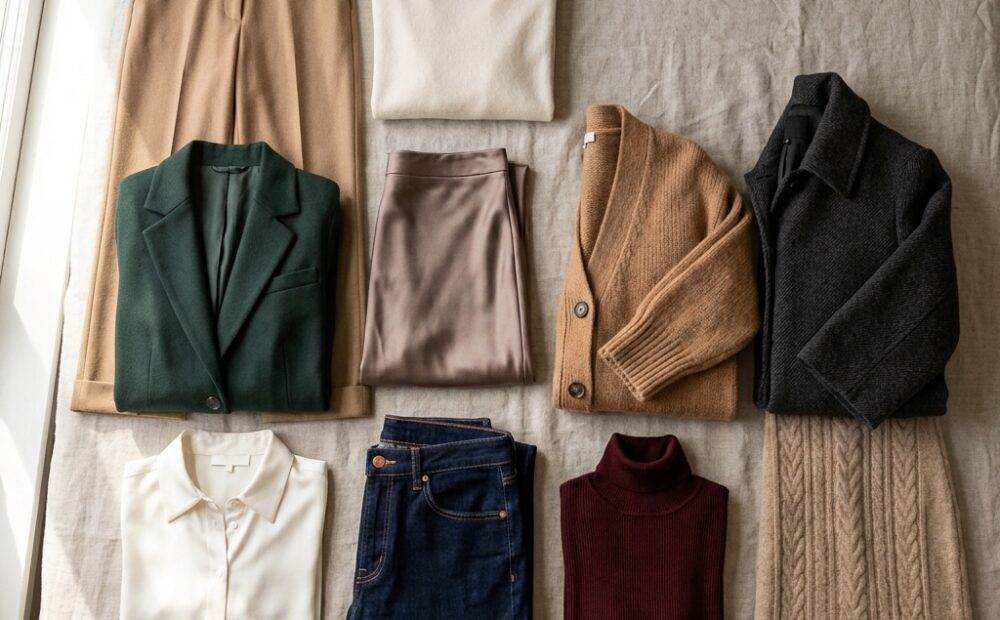 Flat lay of ten fall capsule wardrobe pieces in neutral and warm tones