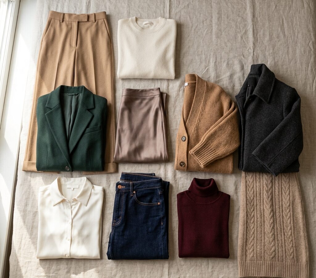 Flat lay of ten fall capsule wardrobe pieces in neutral and warm tones