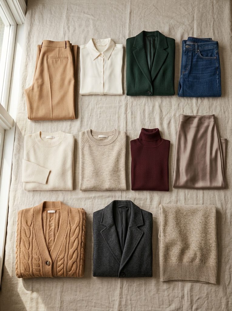 Flat lay of ten fall capsule wardrobe pieces in neutral and warm tones