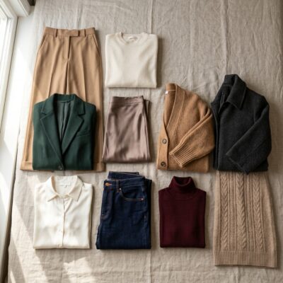 Flat lay of ten fall capsule wardrobe pieces in neutral and warm tones