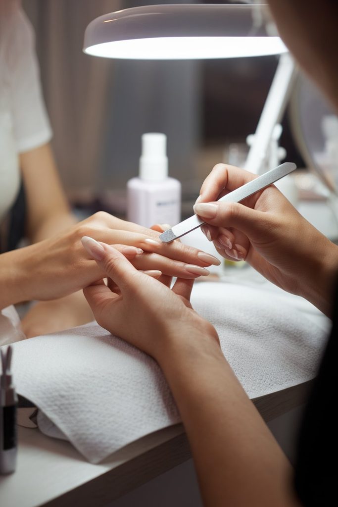 Nail technician shaping a bride's natural nails during a manicure trial appointment