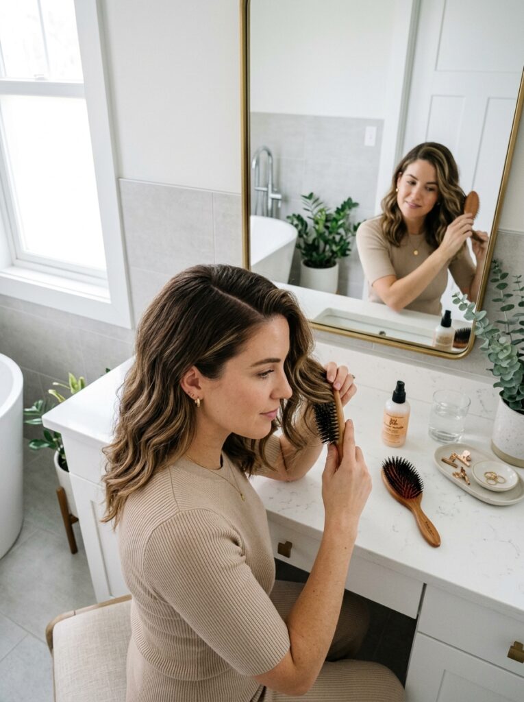 Hair styled with a deep side part to add volume and dimension