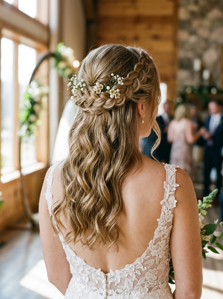 Bride wearing a half-up hairstyle with a twisted crown and loose waves