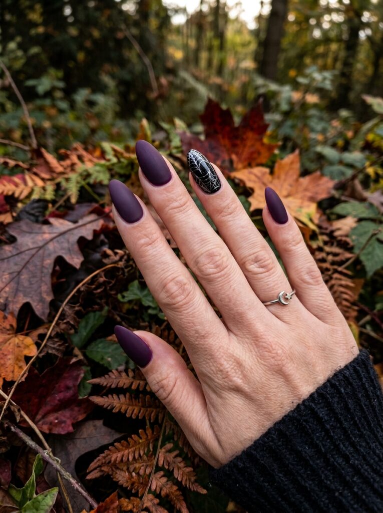 Elegant Halloween manicure with matte purple nails and a silver spiderweb accent nail