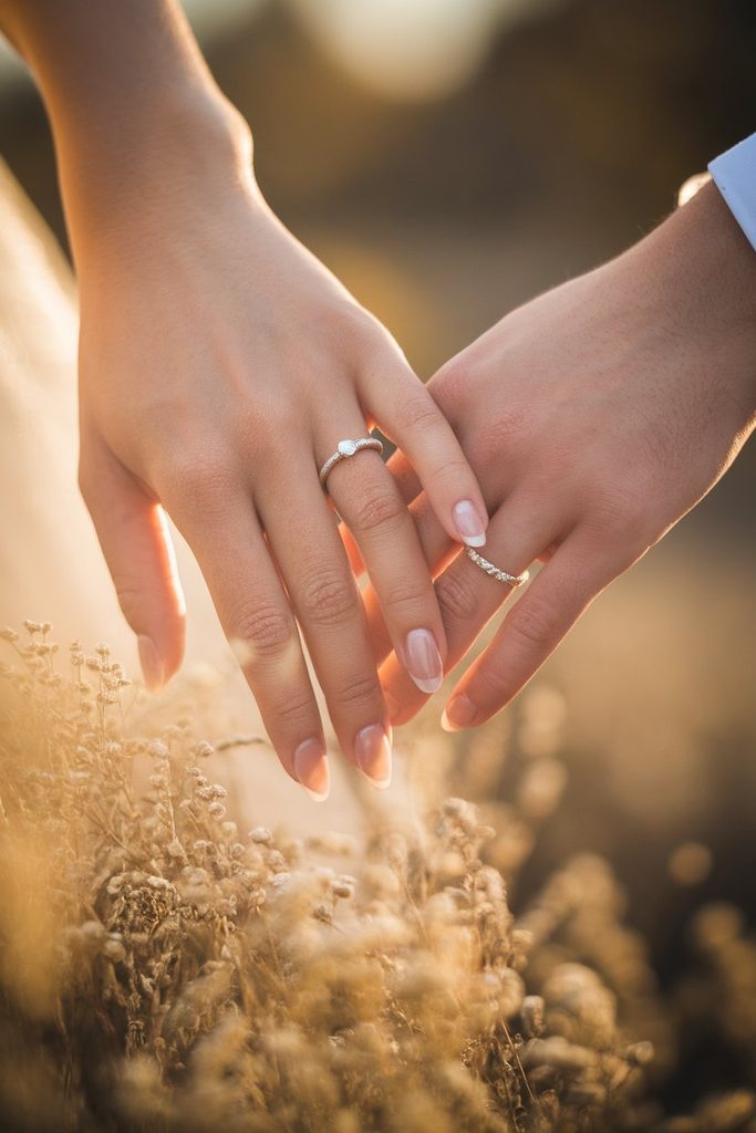 Interlocked hands with matching wedding bands and soft almond bridal nails