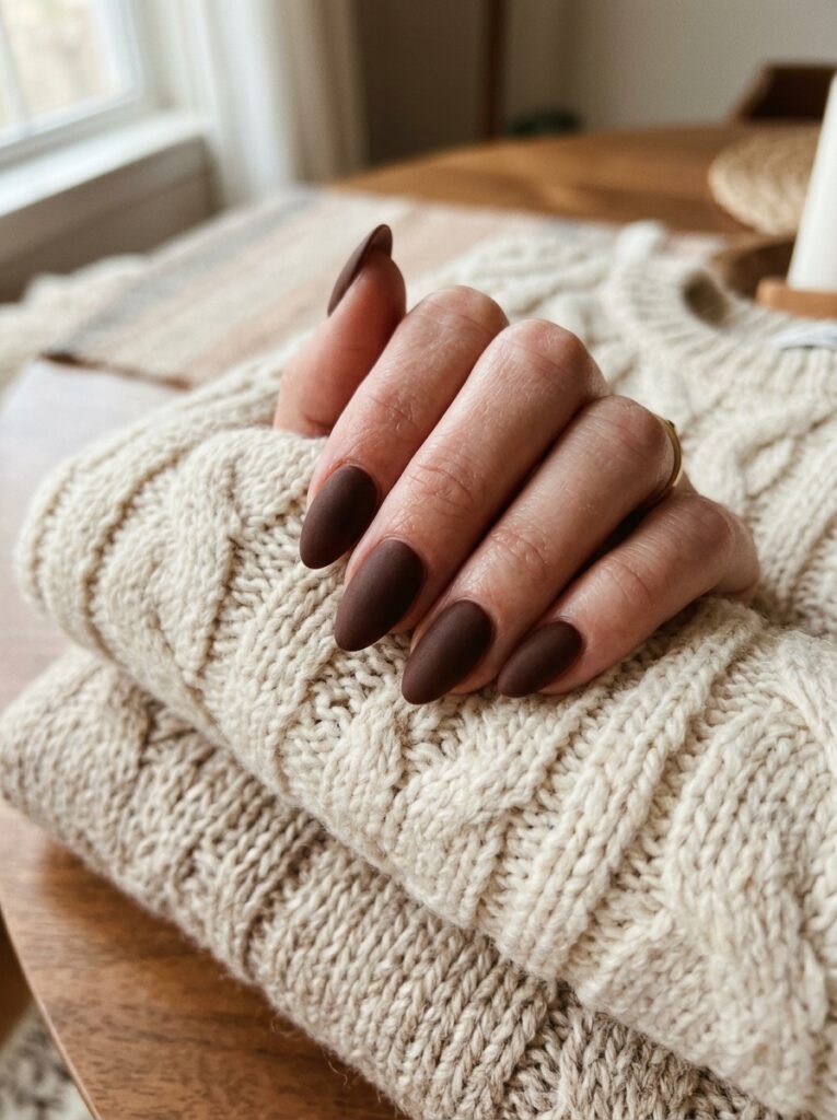 Hand with almond-shaped nails in a deep cocoa brown velvet matte finish