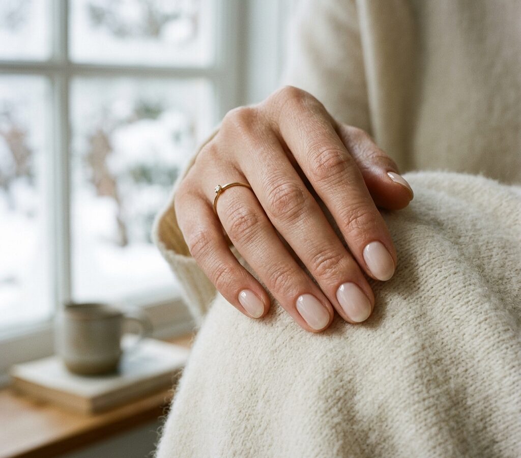 Hand with sheer milky neutral nails resting on cashmere knitwear