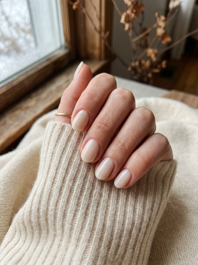 Hand with sheer milky neutral nails resting on cashmere knitwear