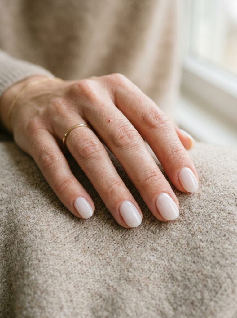 Hand with short oval nails in a sheer milky white polish resting on a cashmere sweater