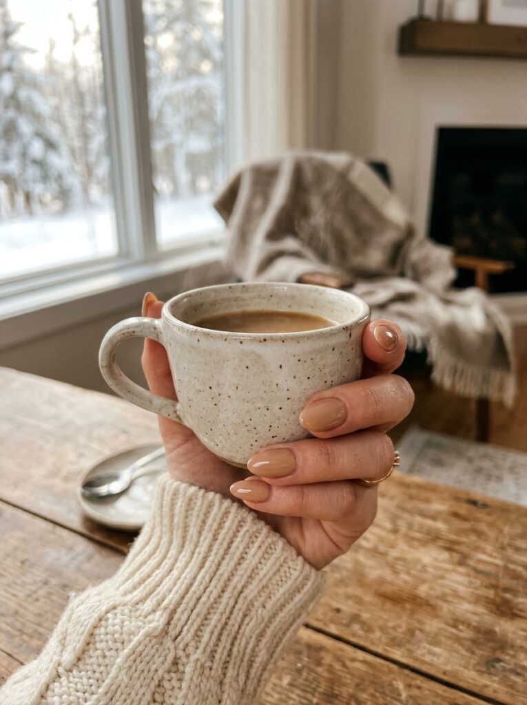Hand with warm cashmere beige nails holding a coffee cup in a cozy winter setting