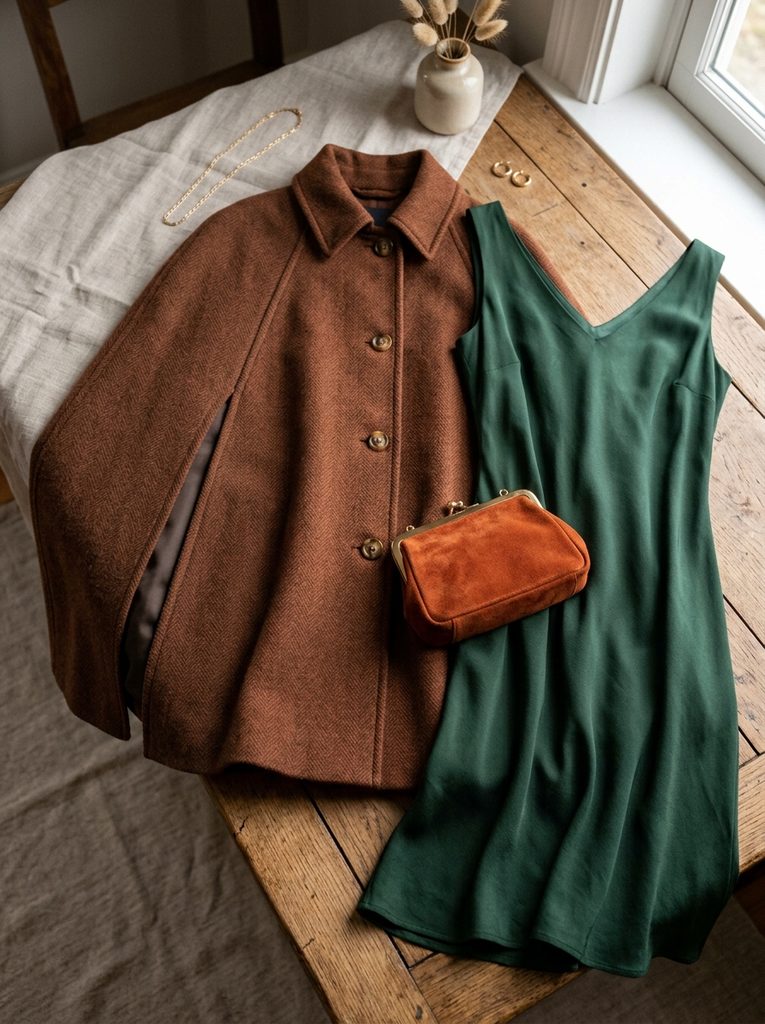 Tailored wool cape layered over a cocktail dress for a fall wedding