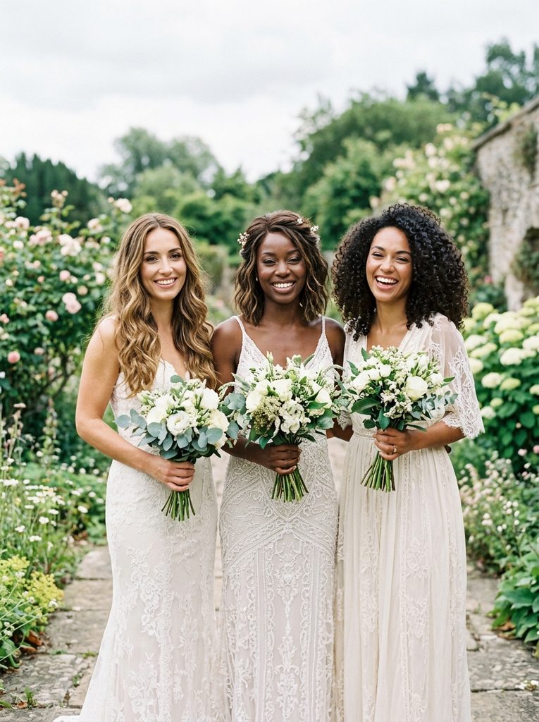 Three brides showing different down hairstyles suited to different hair lengths and textures