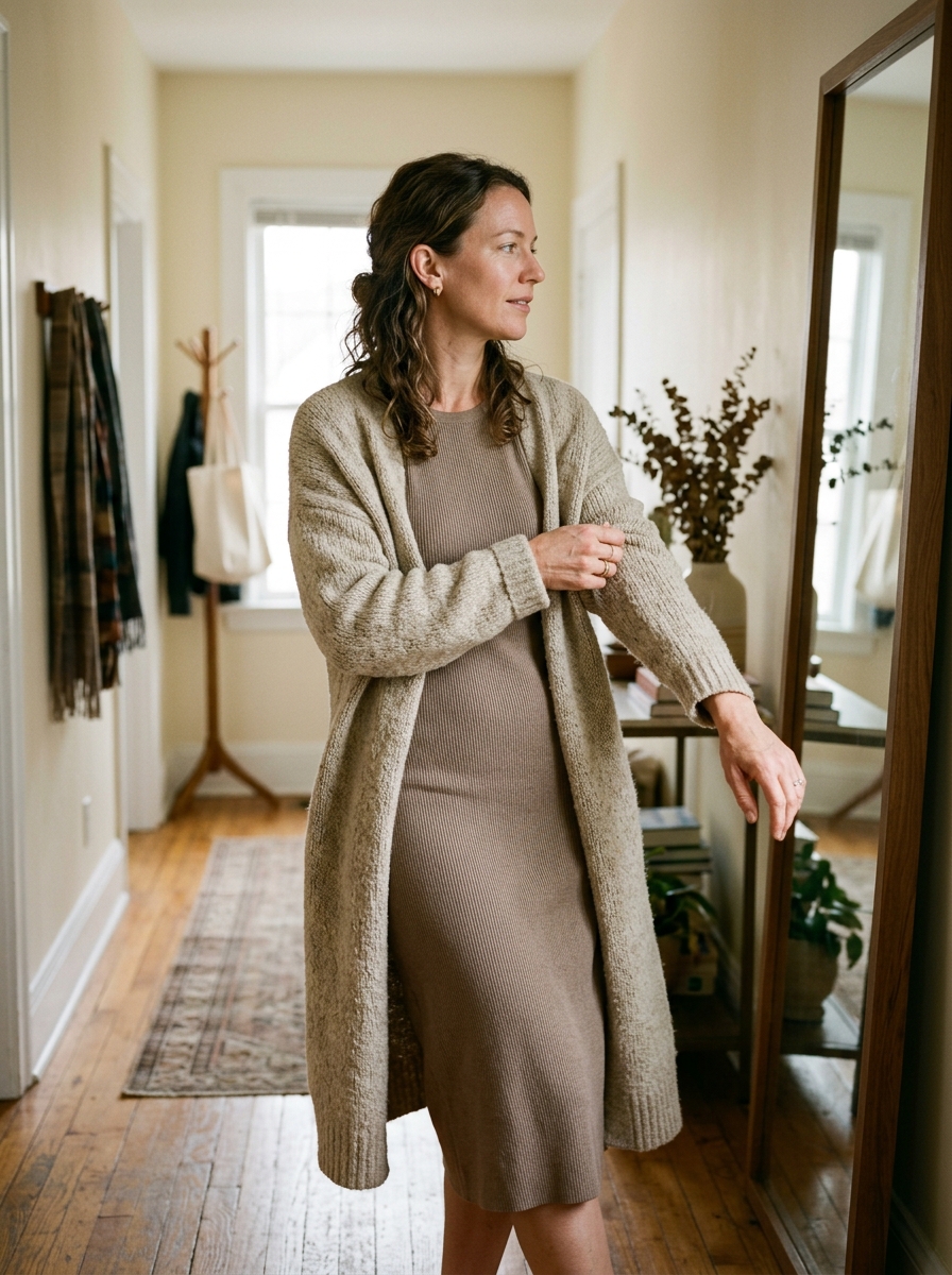 Woman layering a cardigan over a knit dress as a quick office outfit formula