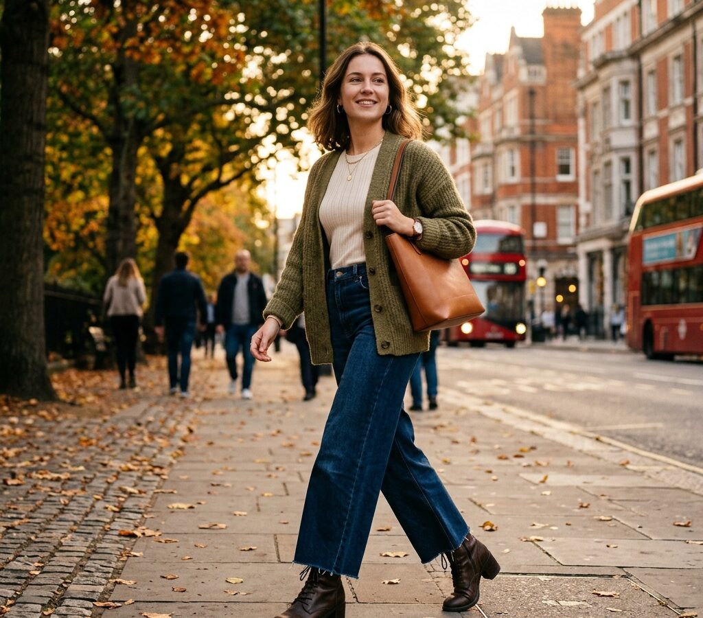 Person wearing a layered transitional outfit outdoors in golden hour light