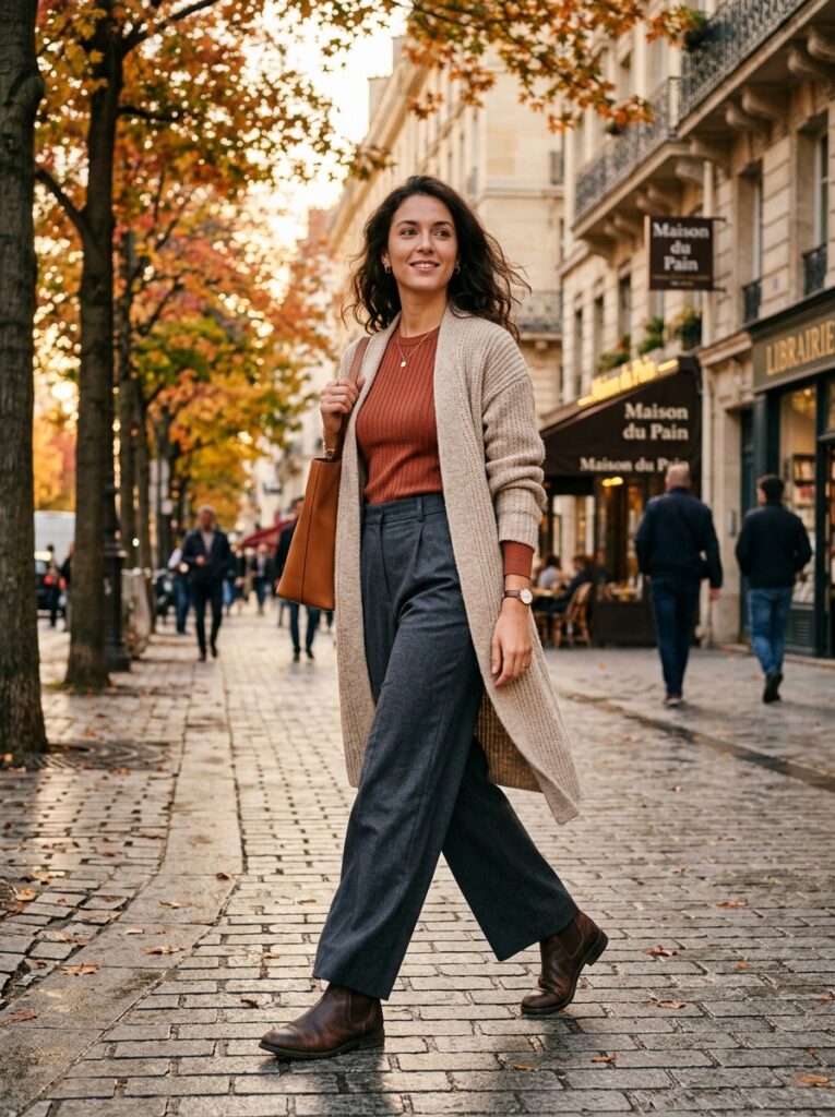 Person wearing a layered transitional outfit outdoors in golden hour light