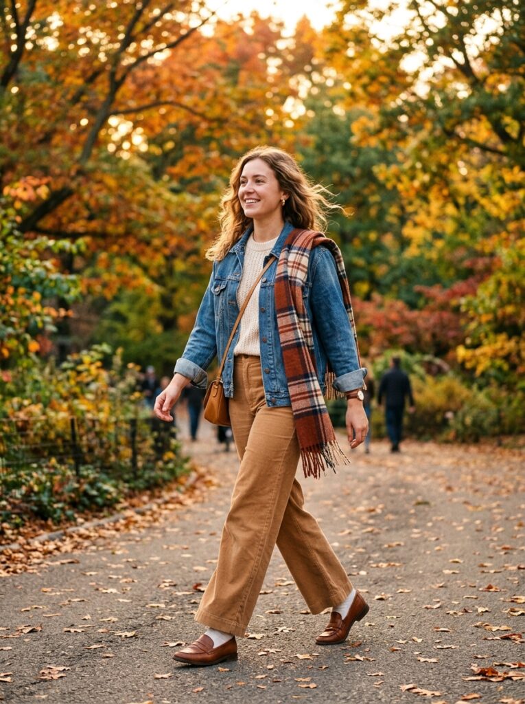 Person wearing layered transitional outfit walking through a park in early autumn