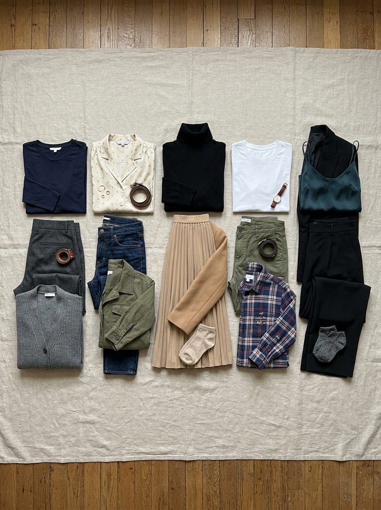 Flat lay of pre-planned office outfit groupings for a full work week