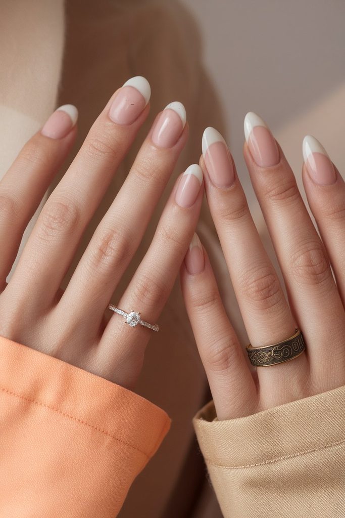 Comparison of nail shapes paired with a solitaire ring and a vintage wedding band