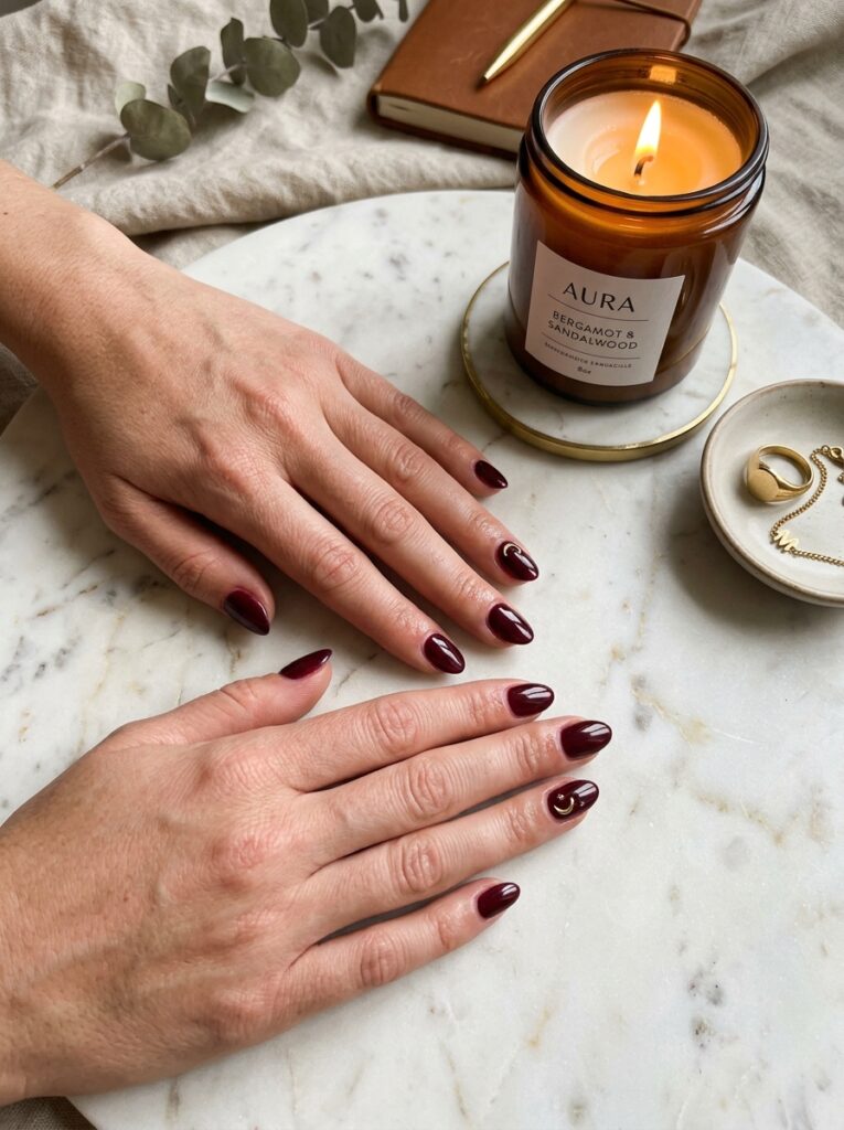 Short almond-shaped nails in deep wine color with a gold crescent moon accent