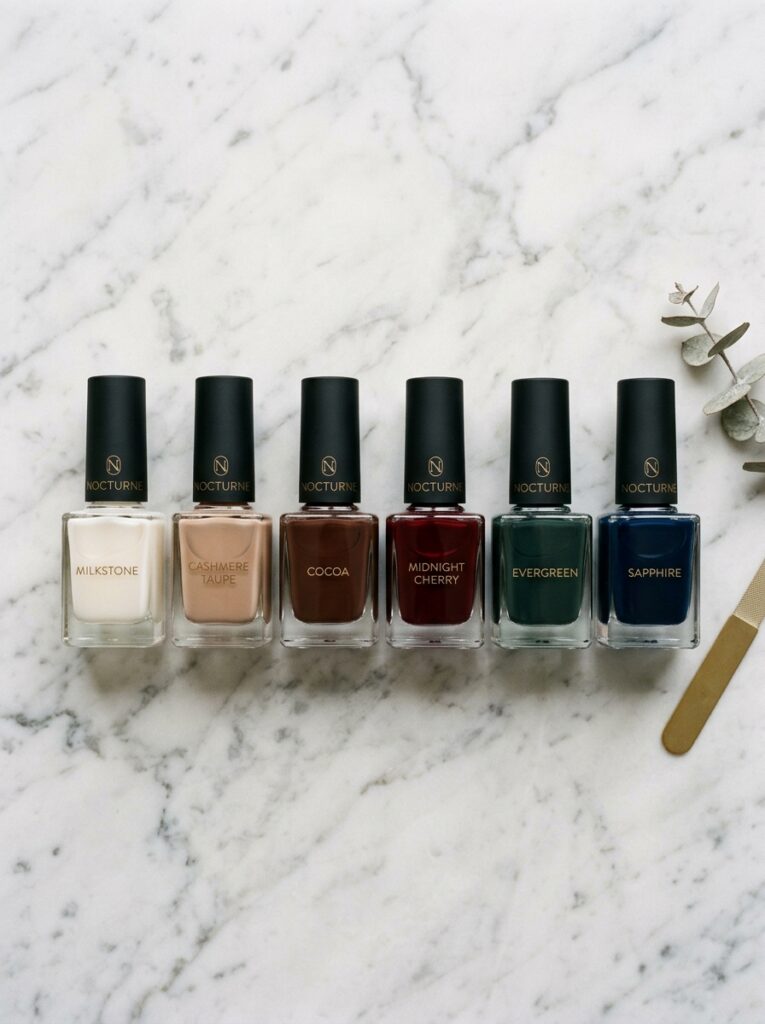 Six nail polish bottles in milky, taupe, cocoa, cherry, green, and navy winter shades