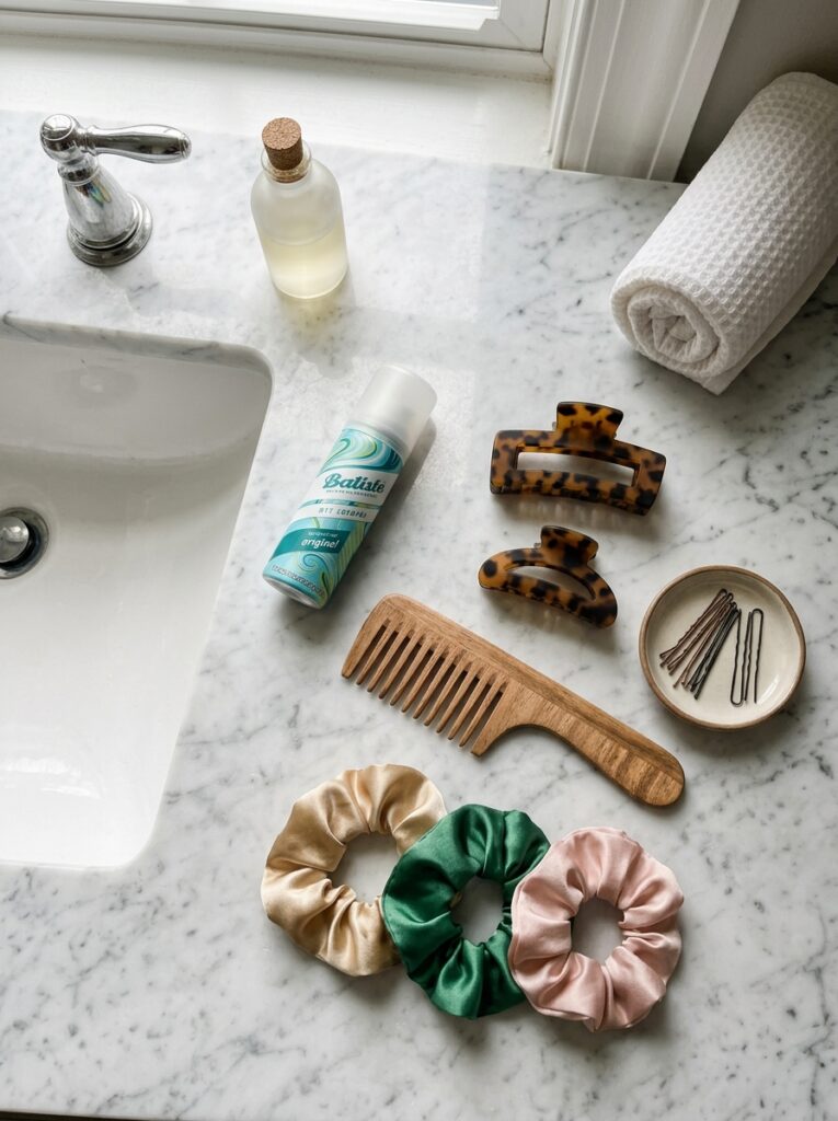 Small organized hair styling station with clips, scrunchies, and dry shampoo