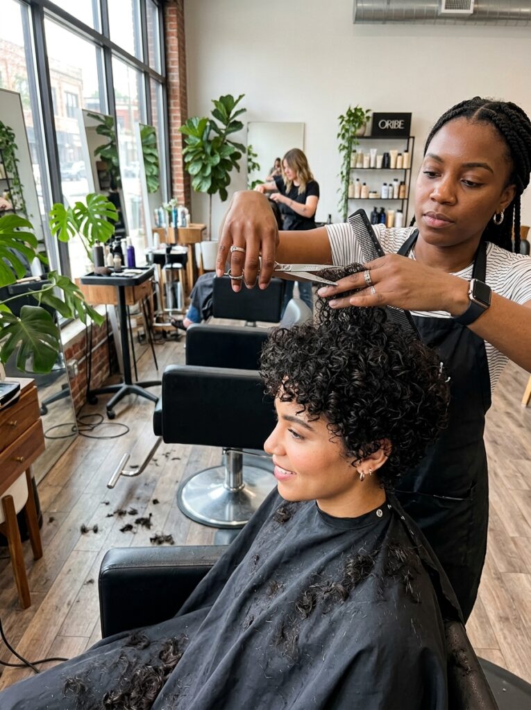 Stylist trimming a client's thick curly pixie haircut in a salon